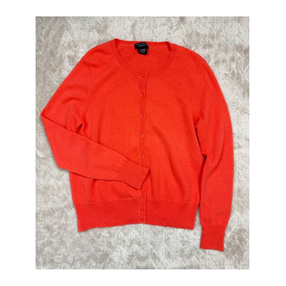 Lord & Taylor Cashmere Cardigan Sweater Coral Orange XL Button Front Crew Neck